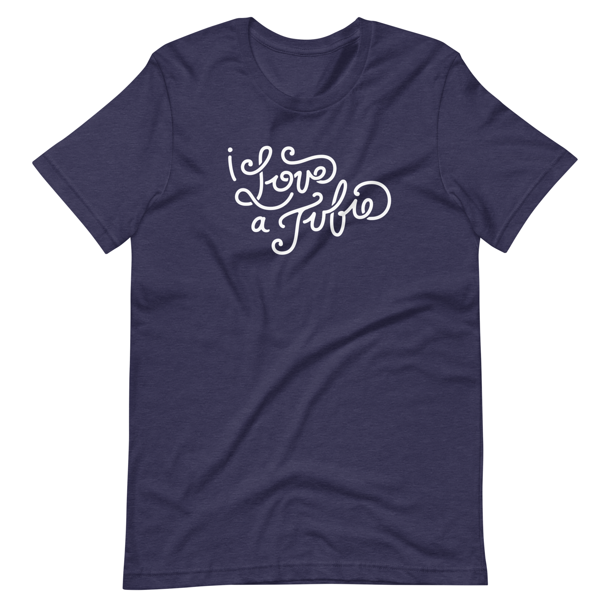 heather midnight navy blue adult unisex t-shirt with white script on the front that says "I Love a Tubie" for the g-tube or gastronomy tube life.