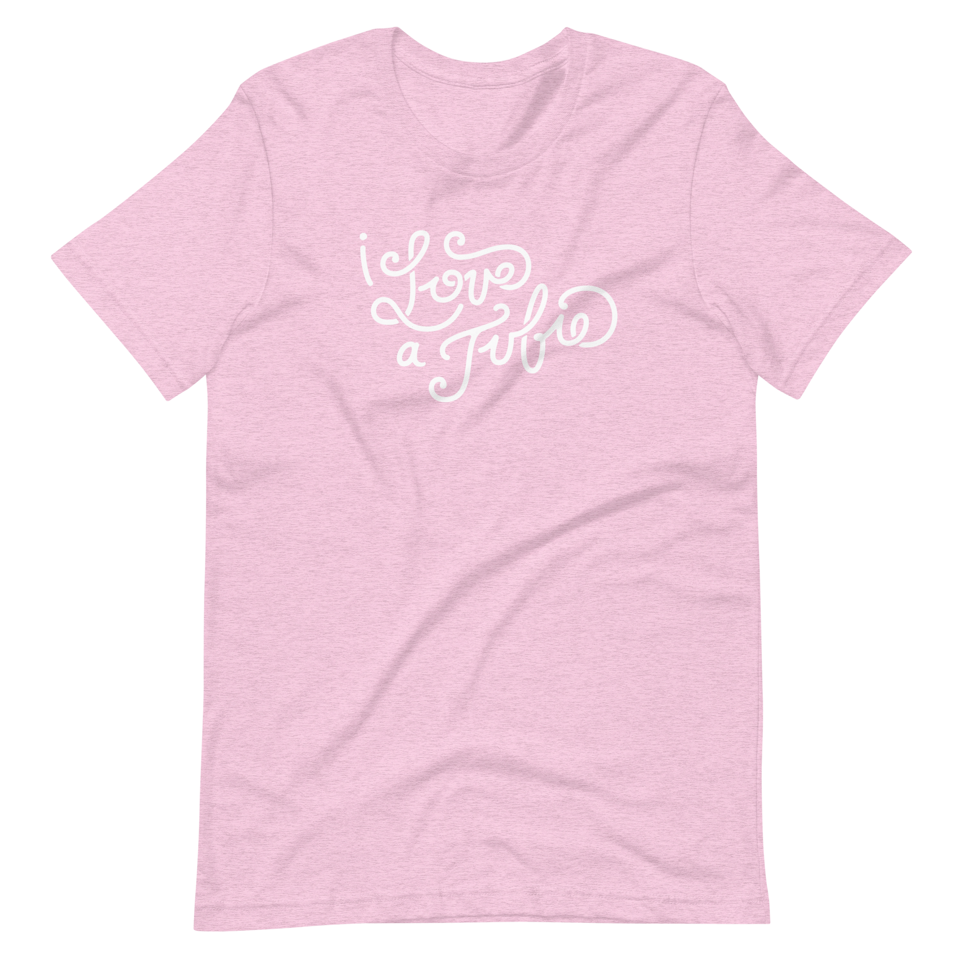 heather lilac adult unisex t-shirt with white script on the front that says "I Love a Tubie" for the g-tube or gastronomy tube life.
