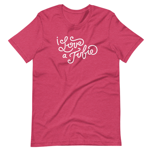 heather raspberry adult unisex t-shirt with white script on the front that says "I Love a Tubie" for the g-tube or gastronomy tube life.
