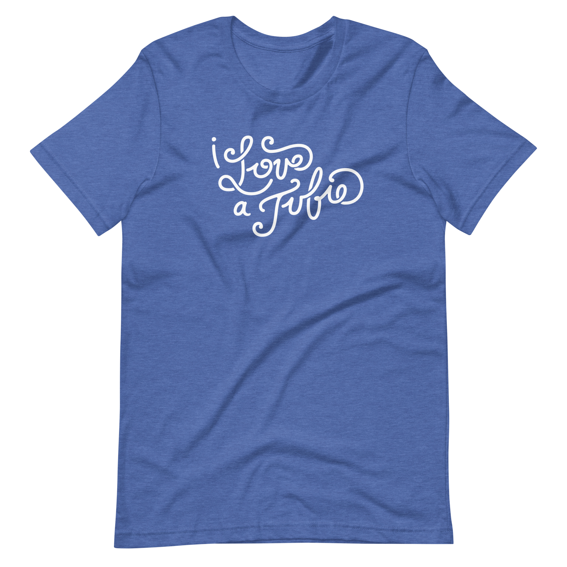 heather true royal blue adult unisex t-shirt with white script on the front that says "I Love a Tubie" for the g-tube or gastronomy tube life.